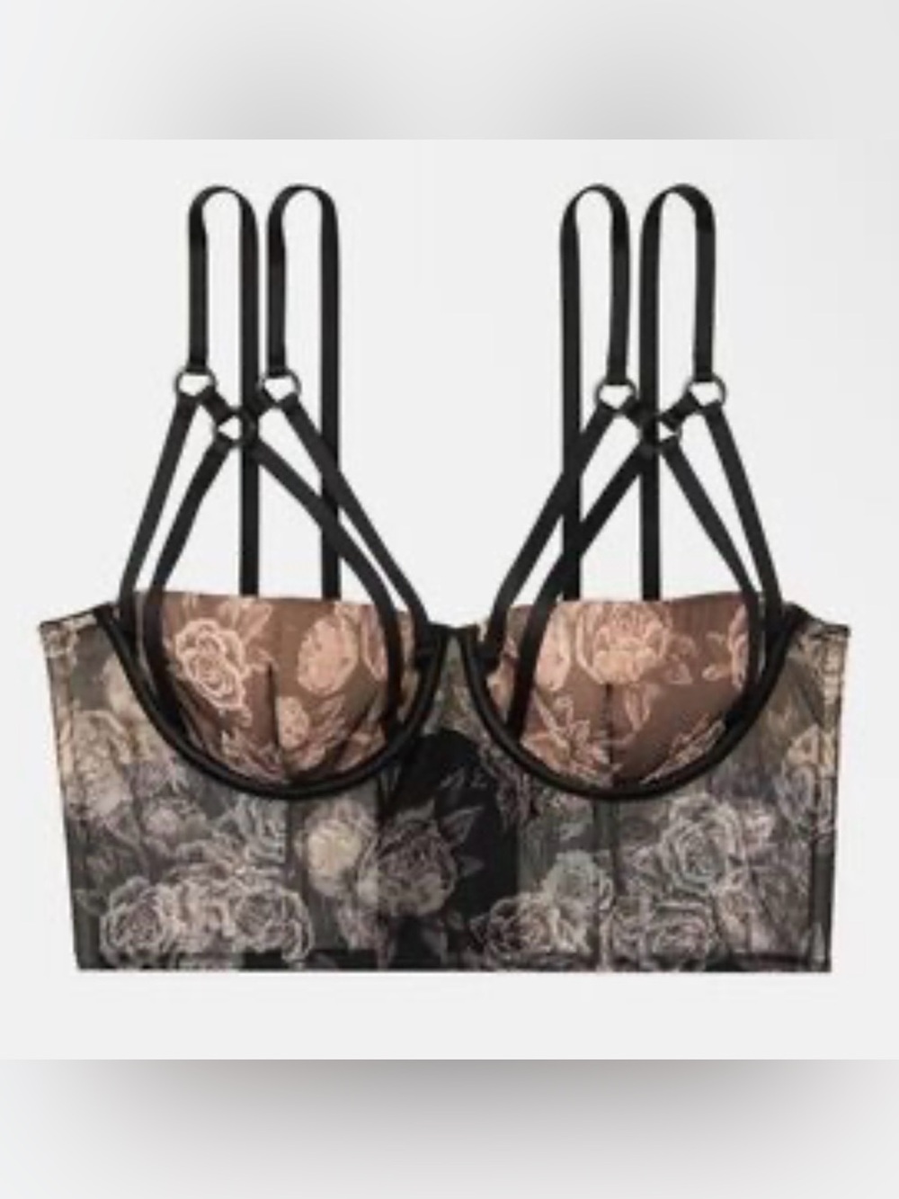 NWT: Victoria’s Secret Damask Floral Long Lone Bra w/Cage Overlay Front